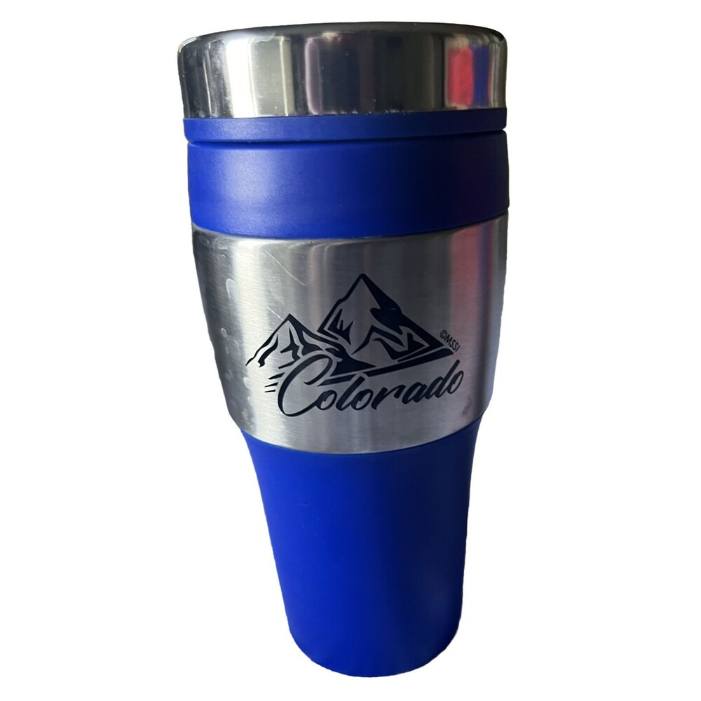 COLORADO Tumbler Coffee Mug Travel‎ Cup Holder Fitted Mountains Blue Plastic 7in